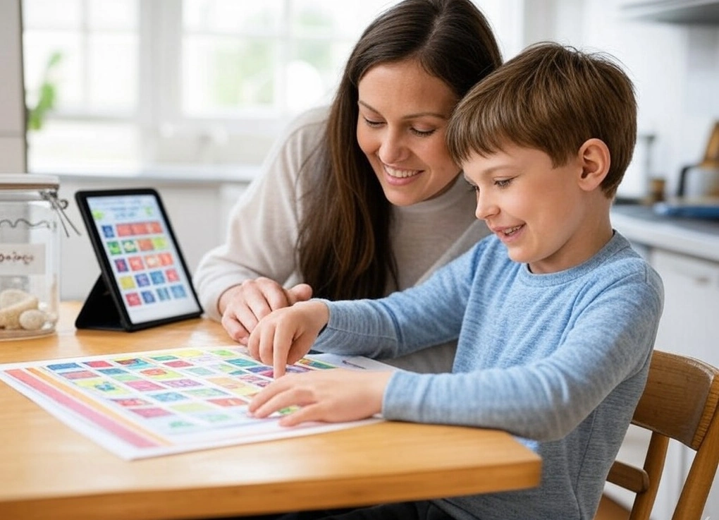 Mum teaching his son about saving