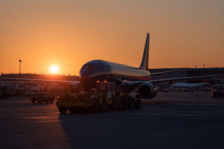 Airplane on the tarmac being towed at sunset