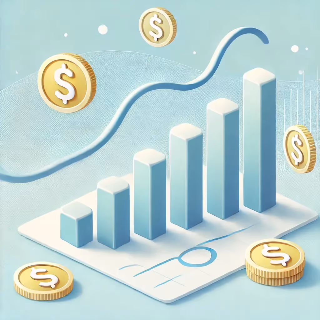 Illustrated rising bar graph beside gold dollar coins