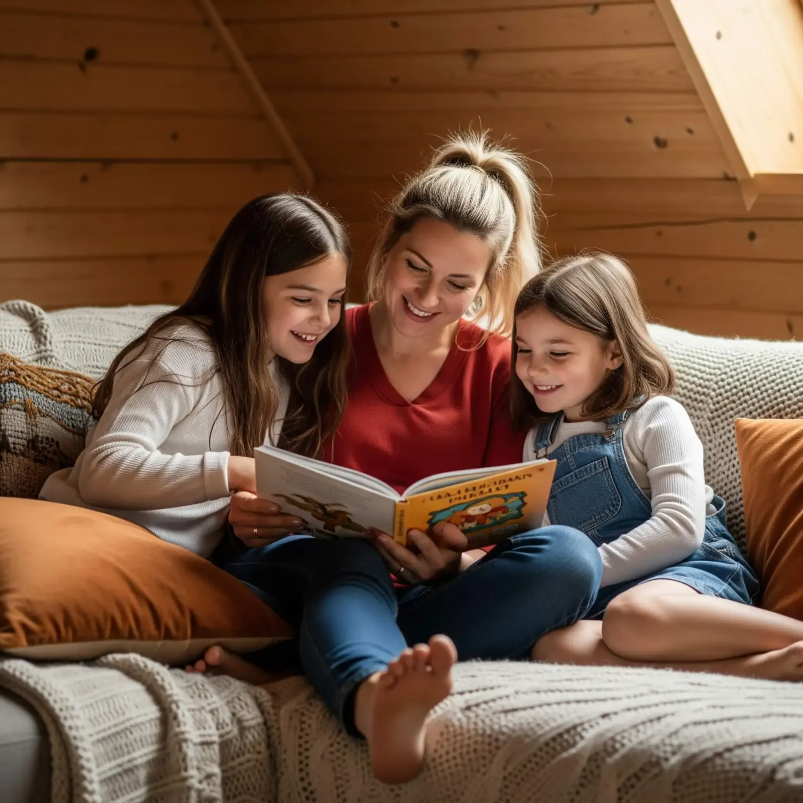 Woman reading a picture book with two smiling girls on a cozy couch