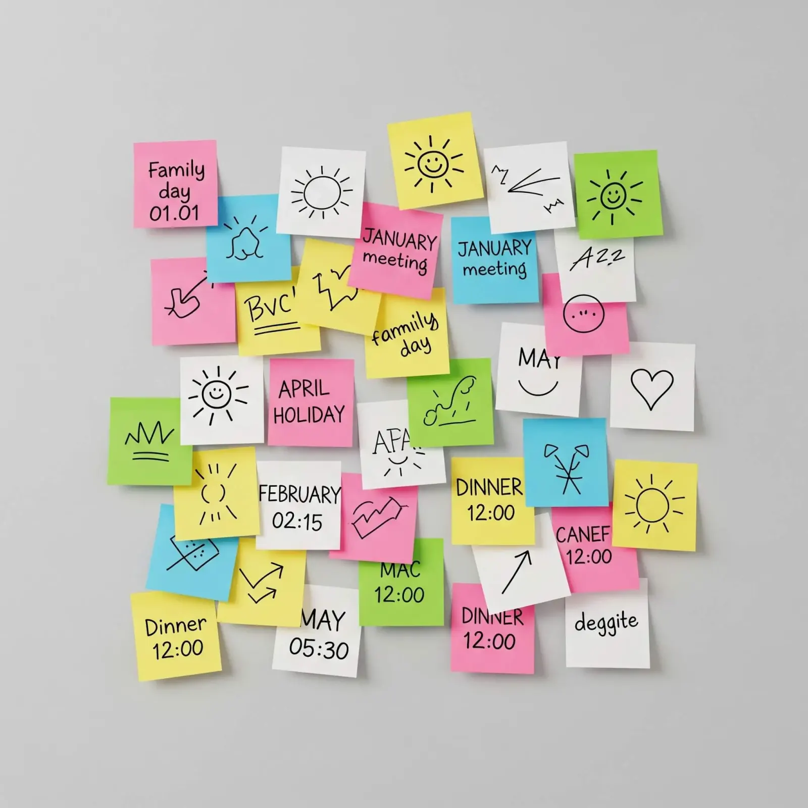Colorful sticky notes with handwritten schedule reminders covering a wall