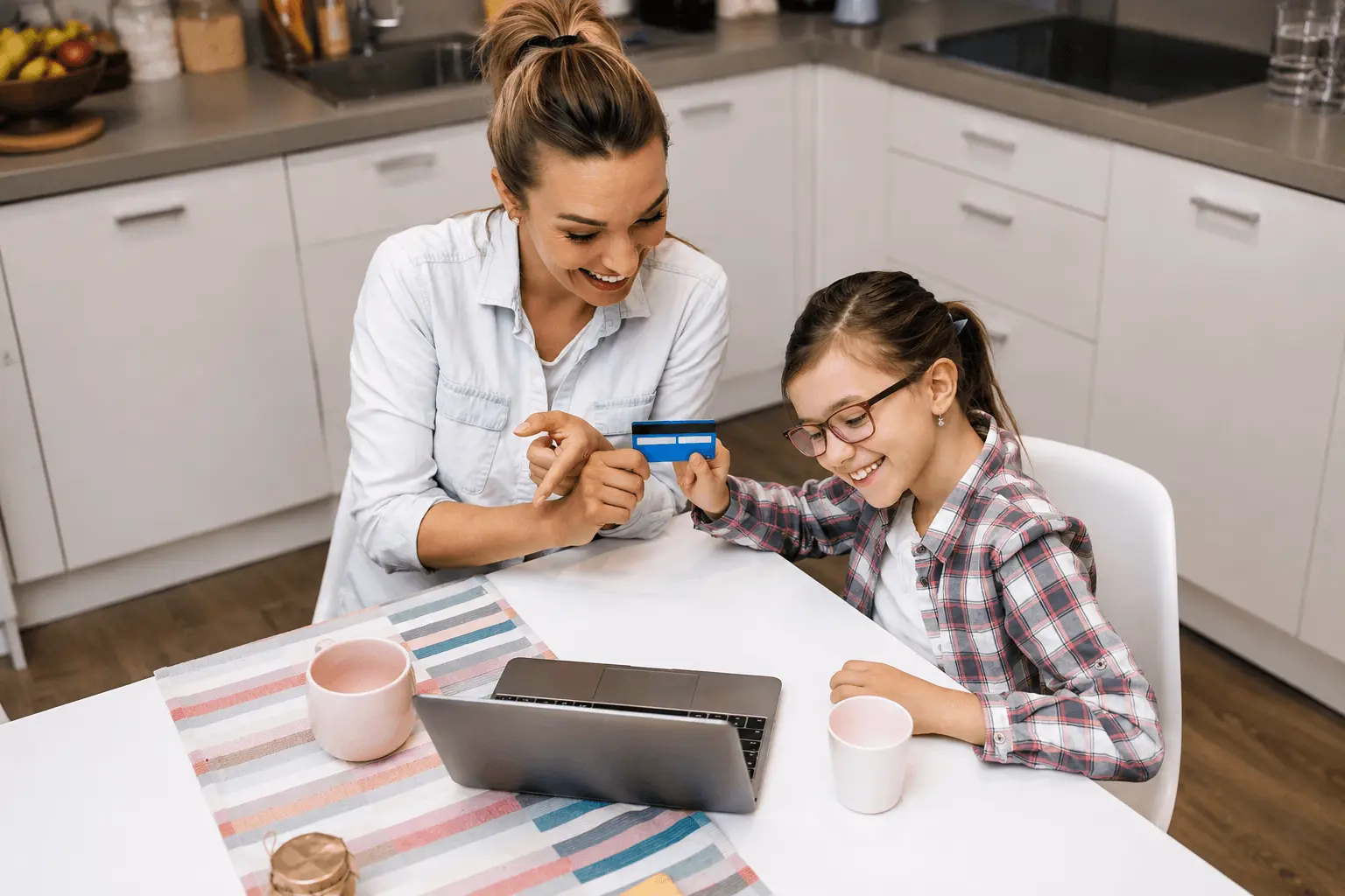 Woman on a couch smiling at a credit card near a laptop