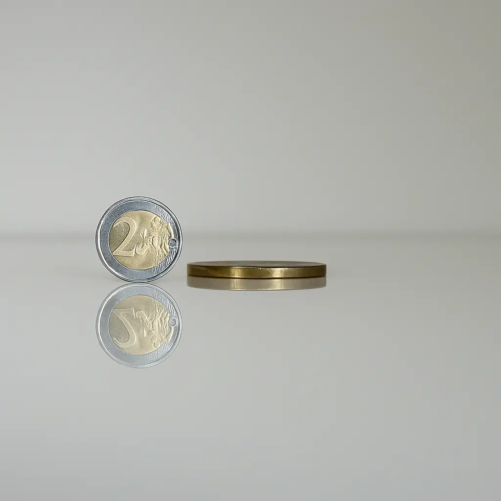A euro coin standing upright beside a stack of coins on its side