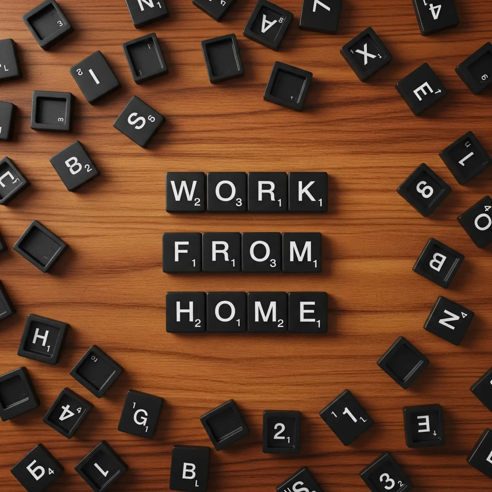 Black letter tiles spelling WORK FROM HOME surrounded by scattered tiles