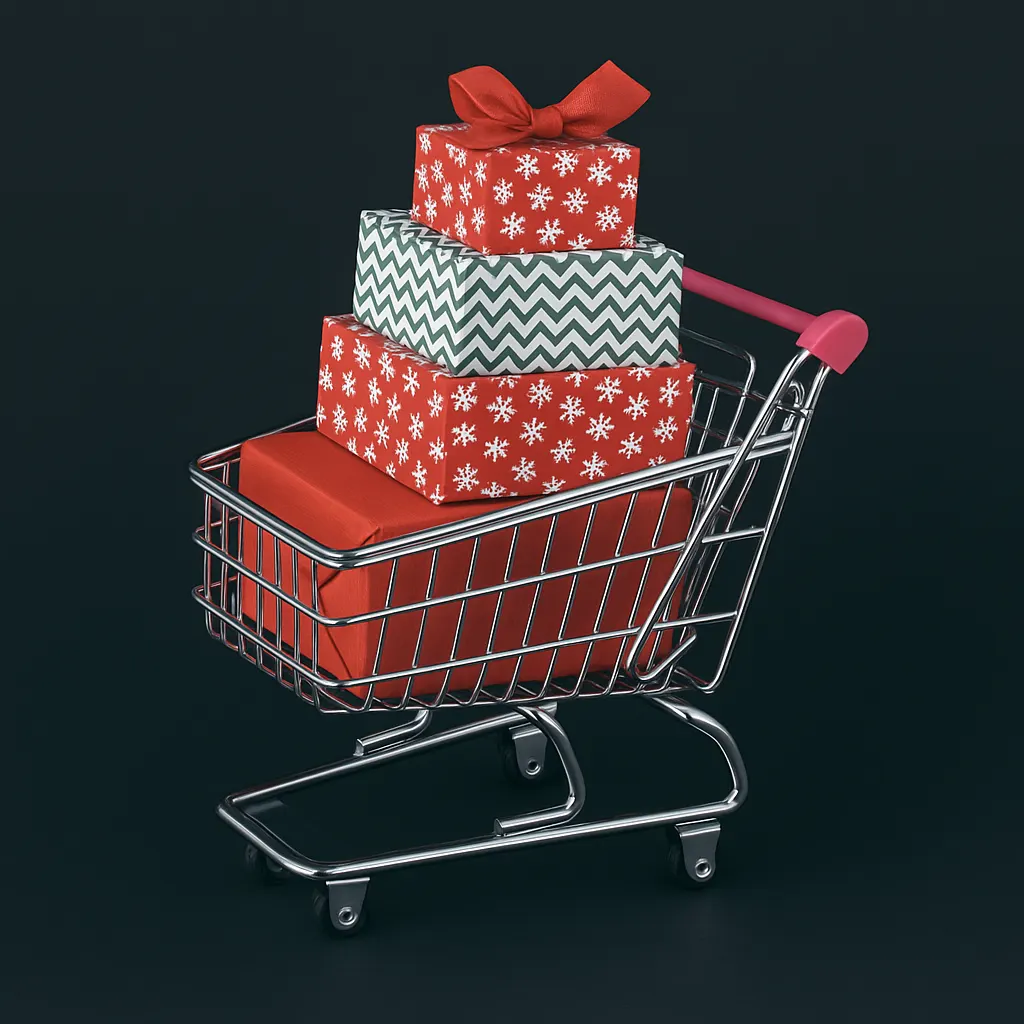 Wrapped holiday gift boxes stacked in a small shopping cart