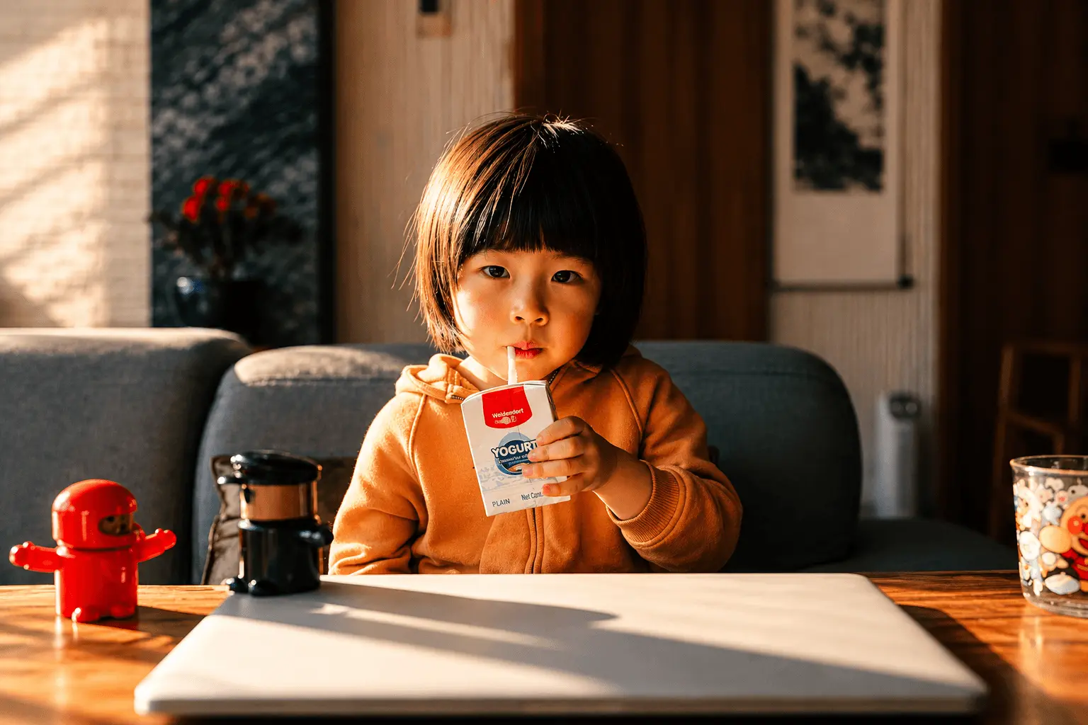 Child drinking a yogurt pouch through a straw at a table