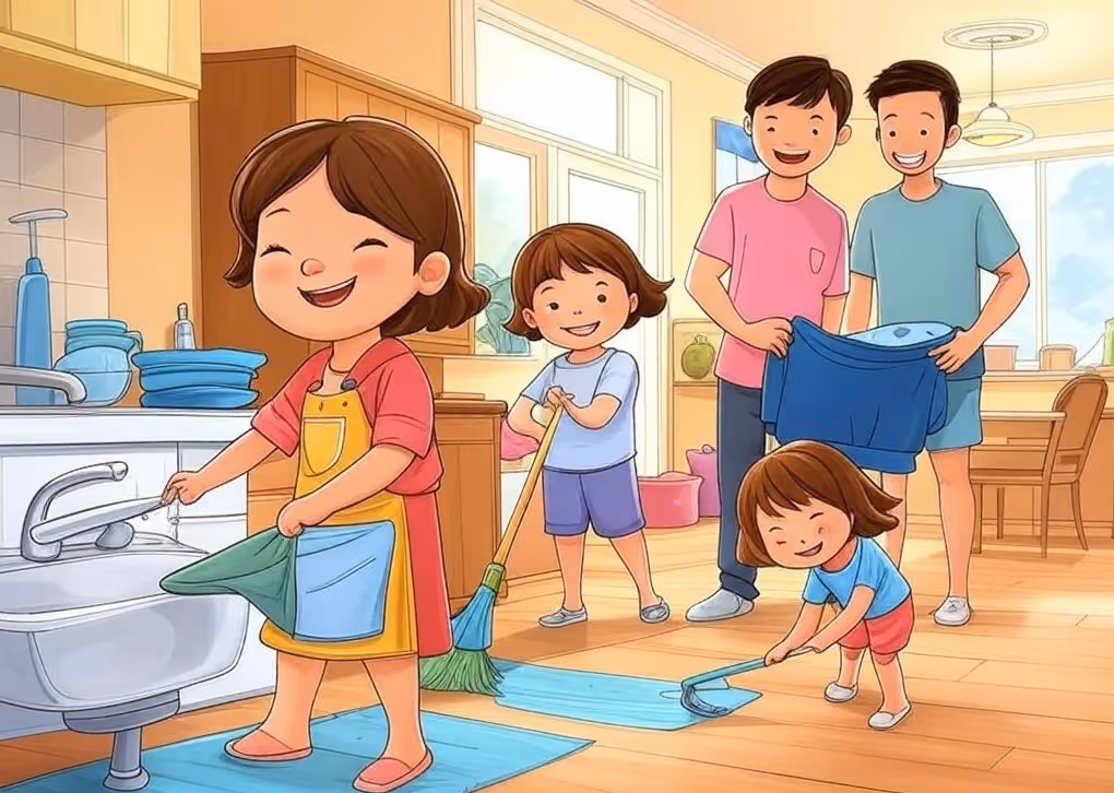 Cartoon illustration of a family cleaning house together, mopping and folding laundry