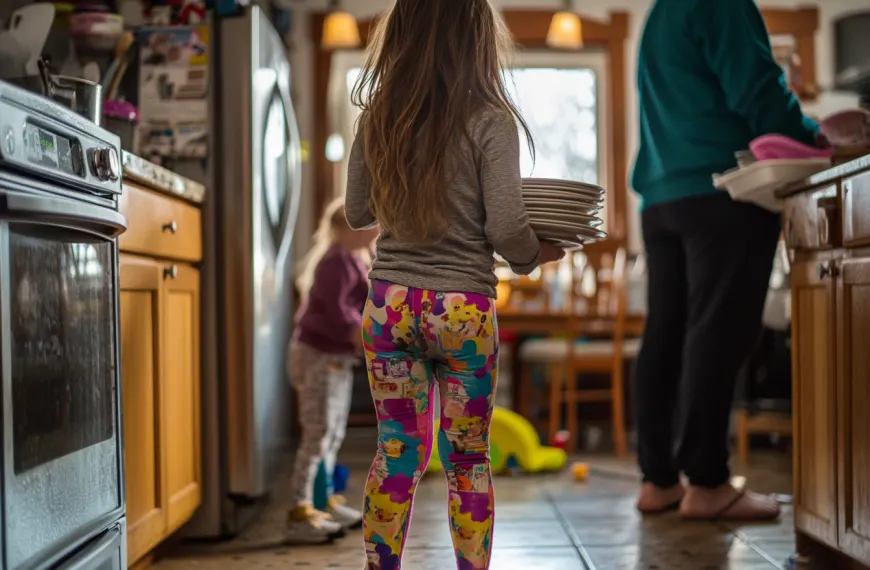 Girl carrying a stack of plates through a kitchen with family nearby