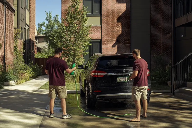 Two men washing the car