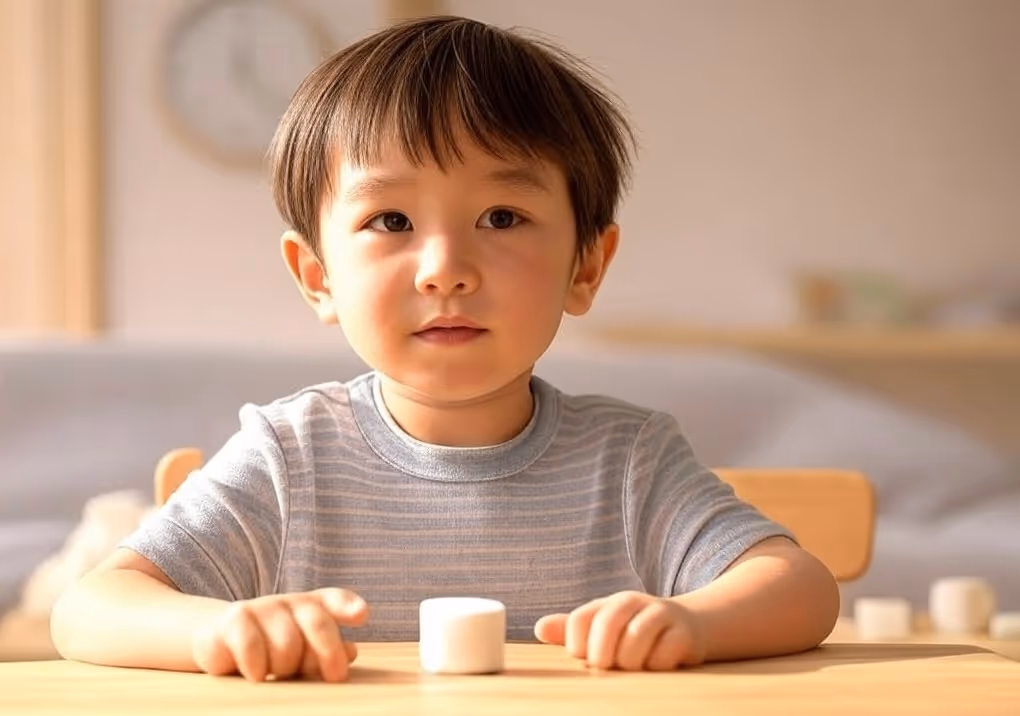 Young boy sitting at a table staring at a single marshmallow
