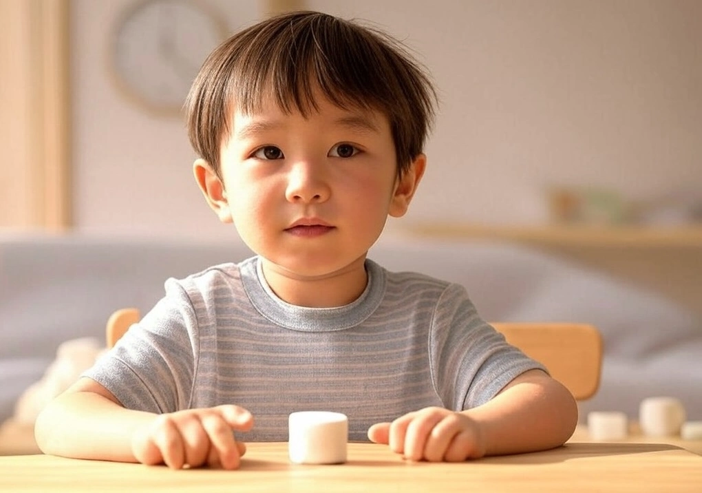 Kid holding a Marshmallow waiting for the hour to pass by