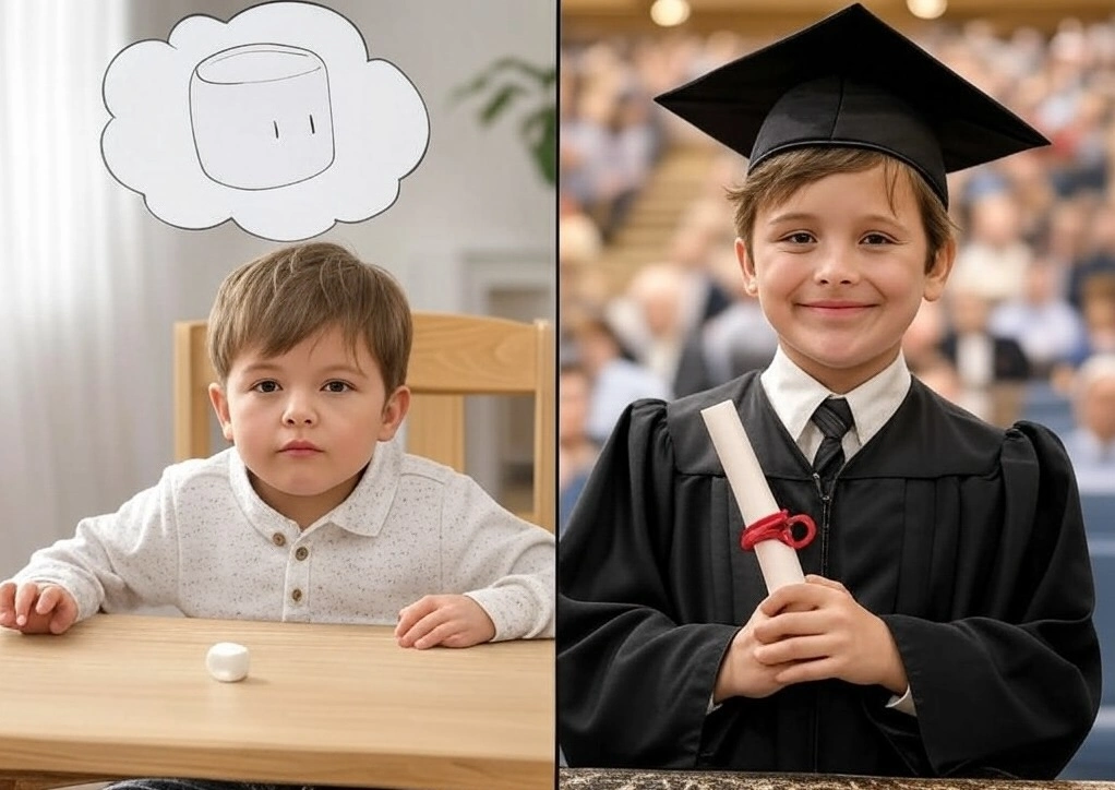 Comparison picture: delayed gratification leads to greater success