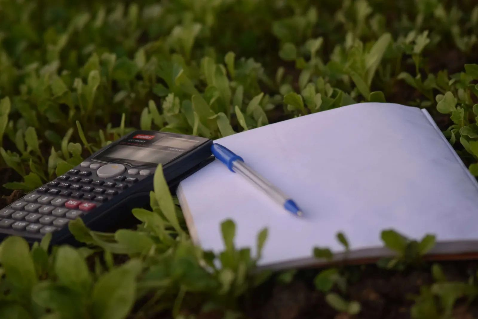 Calculator, pen, and open blank notebook resting in grass