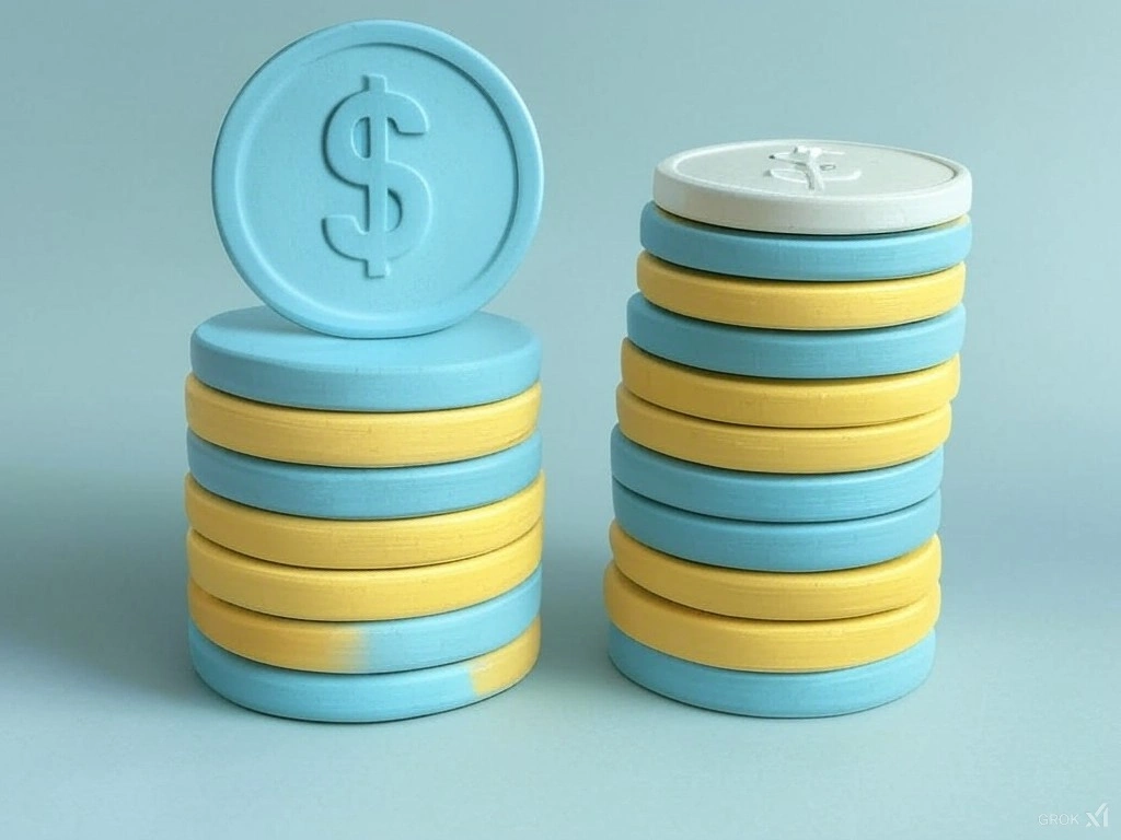 two stacks of blue, yellow, and white poker-chip coins, one stamped with a dollar sign