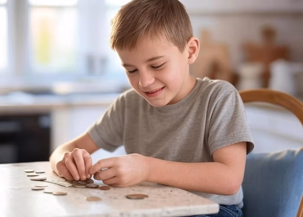 Smiling boy counting coins at a kitchen table
