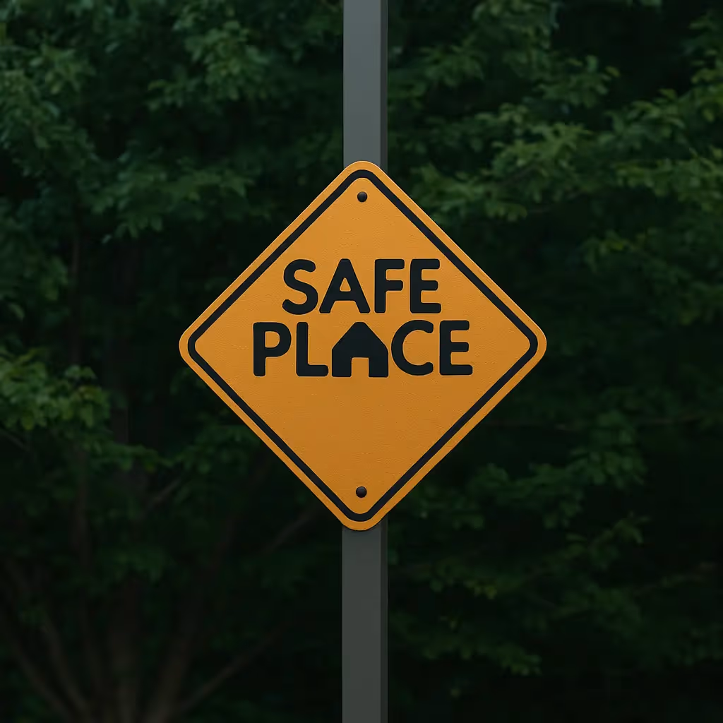 Yellow diamond Safe Place sign mounted on a pole among trees