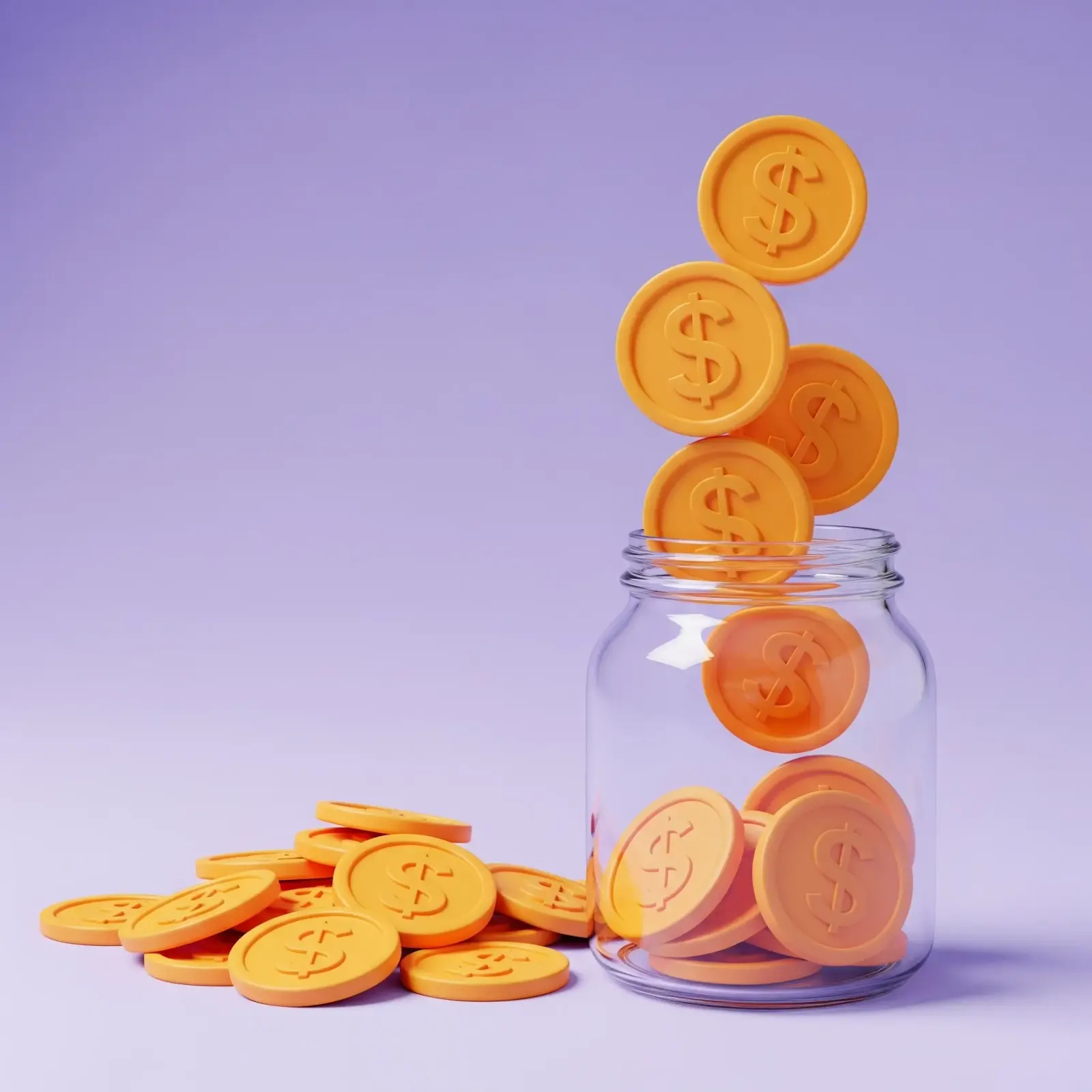 Orange dollar-sign coins pouring into a glass jar