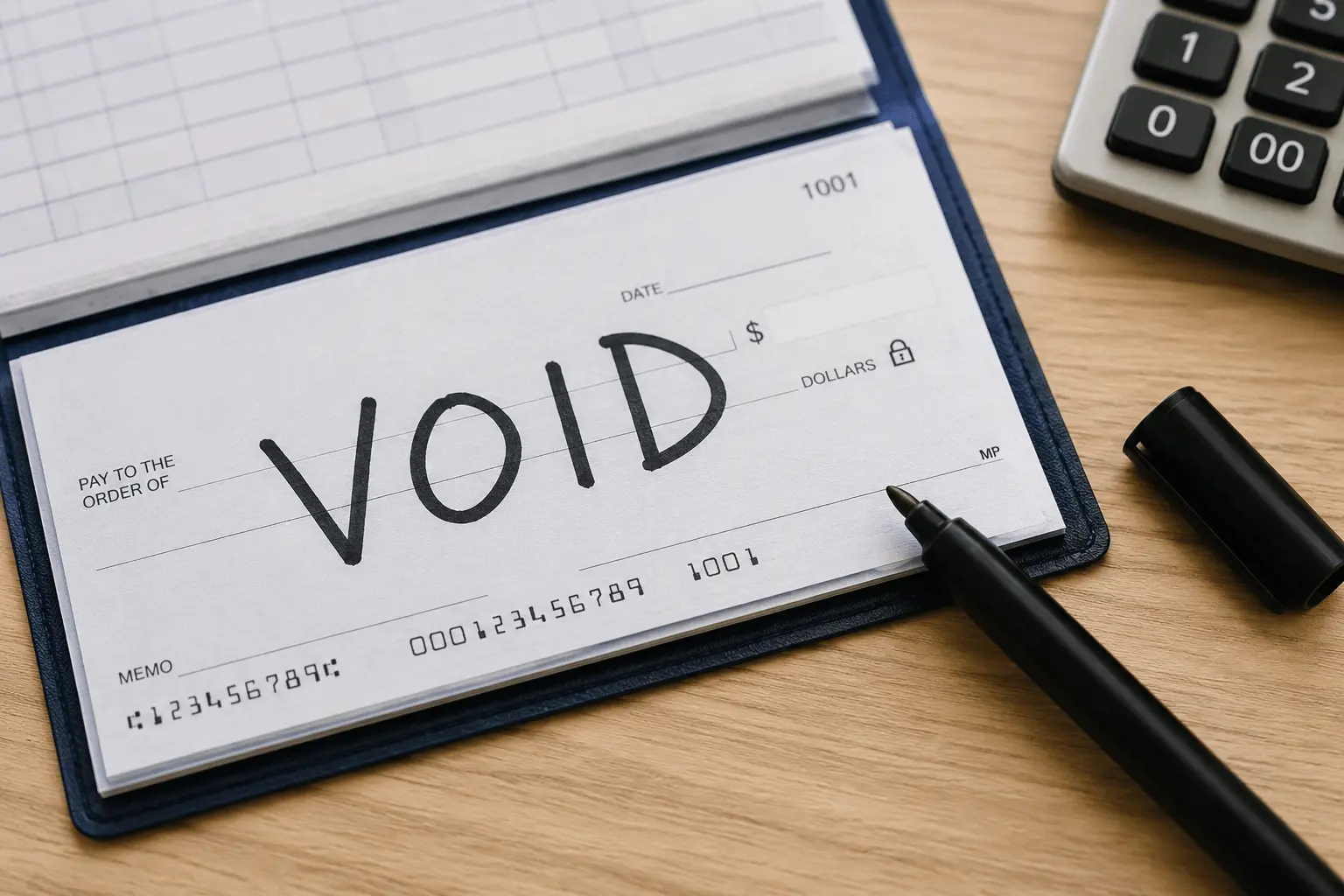 Checkbook with VOID handwritten across a blank check
