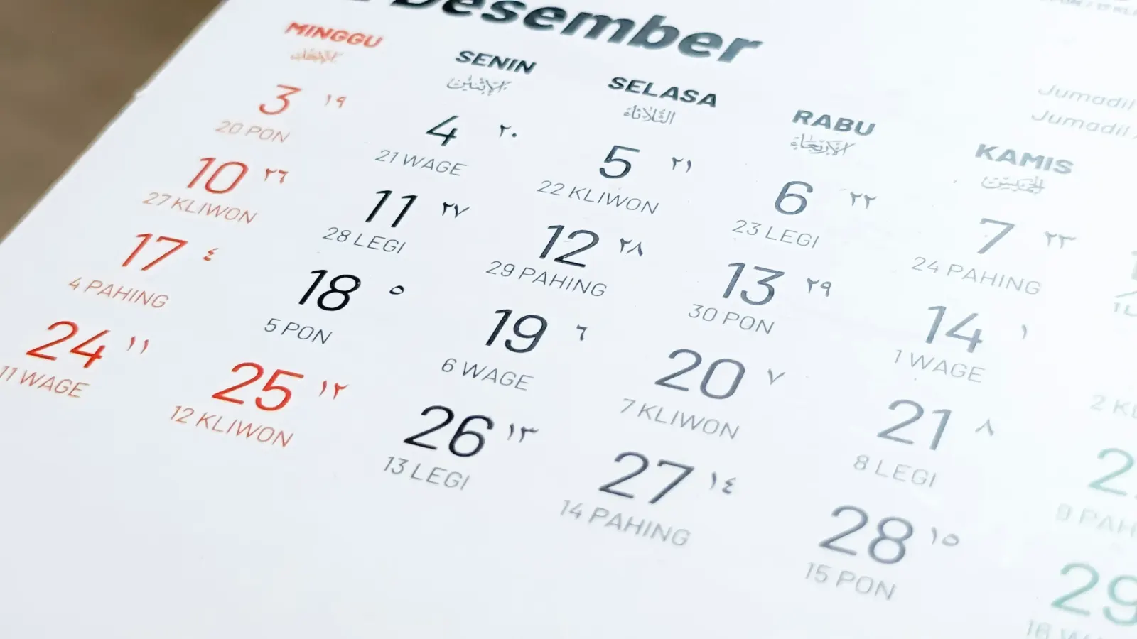 Close-up of a wall calendar page with numbered dates