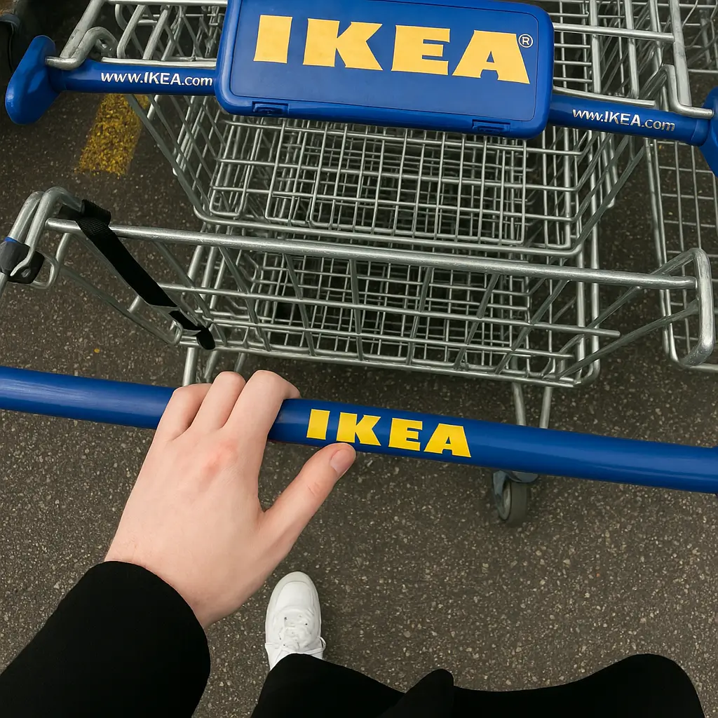 Hand resting on an IKEA shopping cart handle in a parking lot