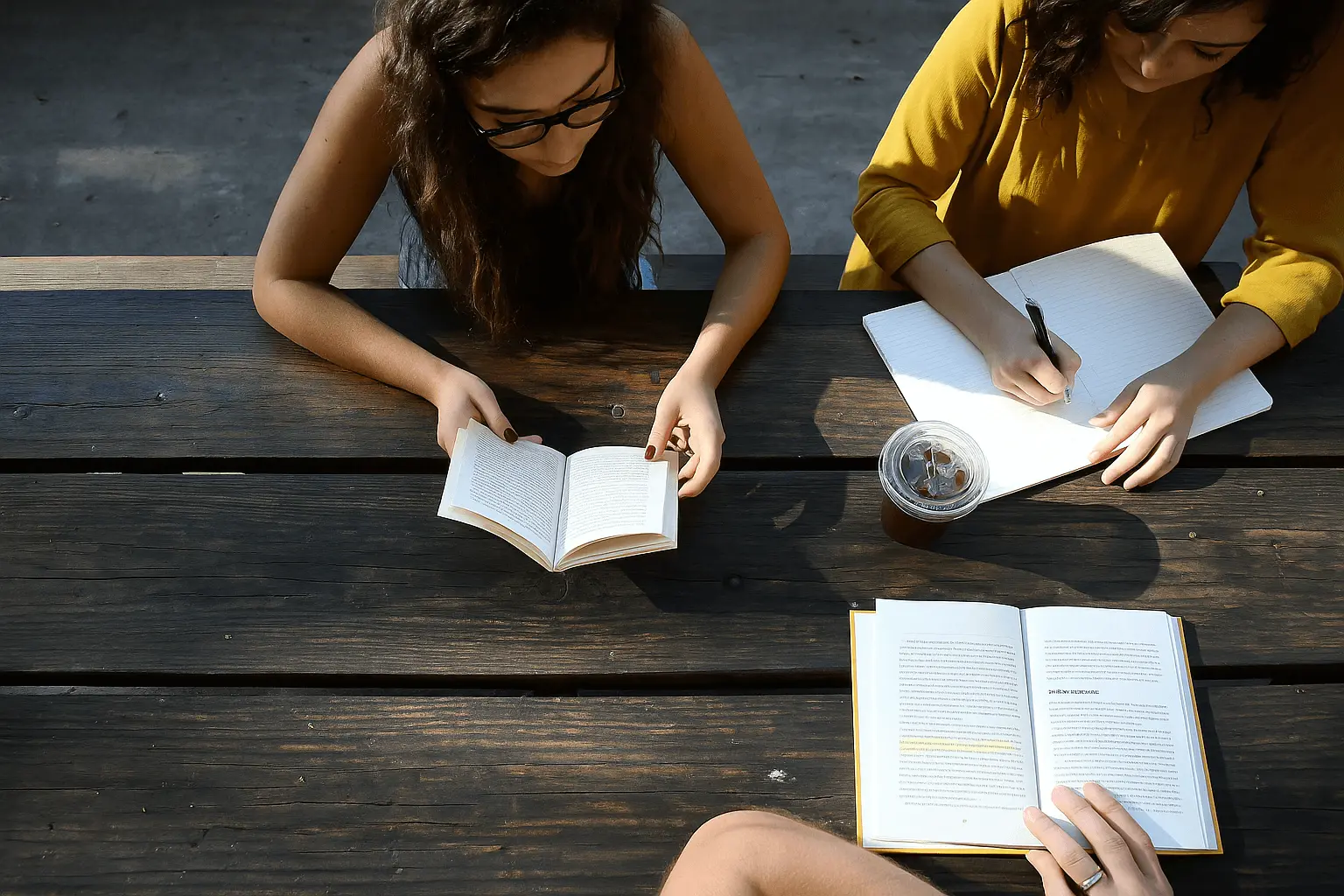 Two young women writing in notebooks at a wooden outdoor picnic table