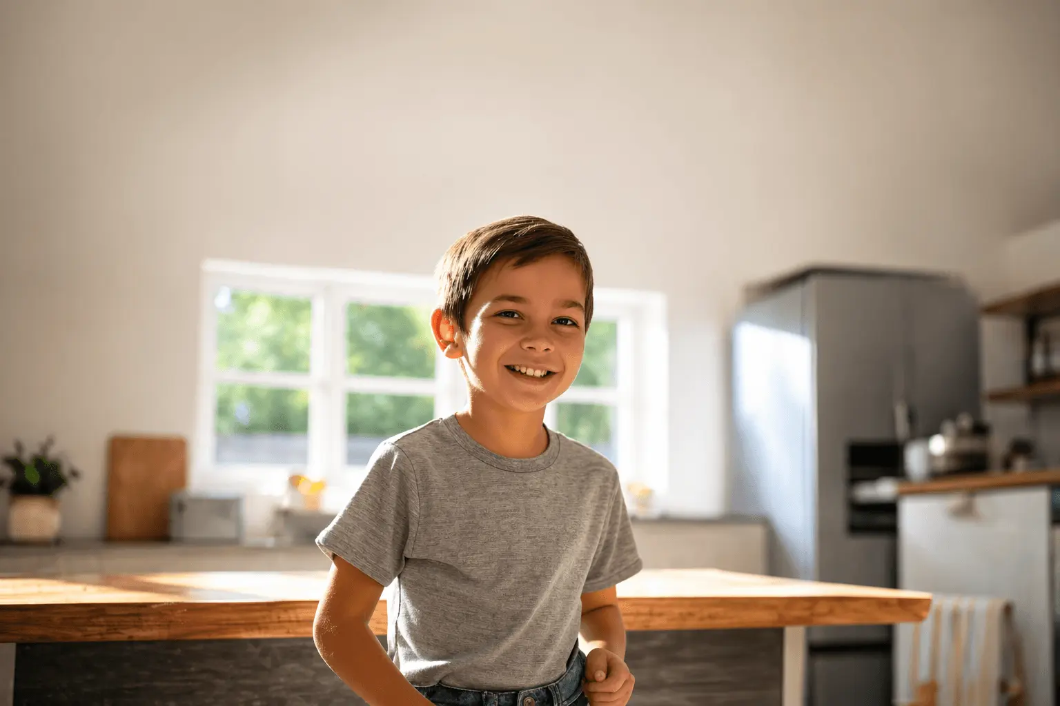 Smiling boy standing in a sunlit kitchen