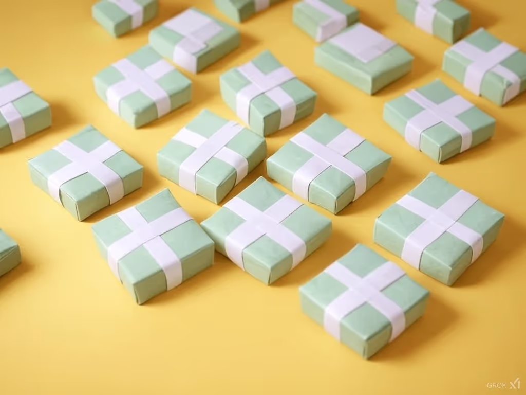 Rows of small mint-green gift boxes wrapped with white ribbon