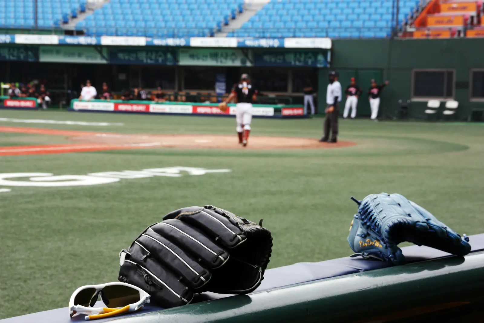 Baseball equipment lying on a bench