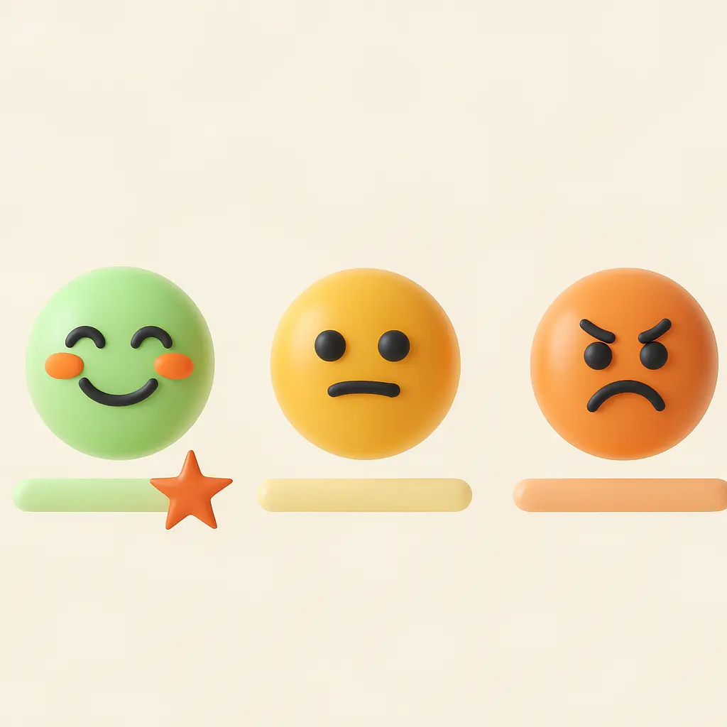 Three round emoji faces, smiling, neutral, and angry, each on a bar