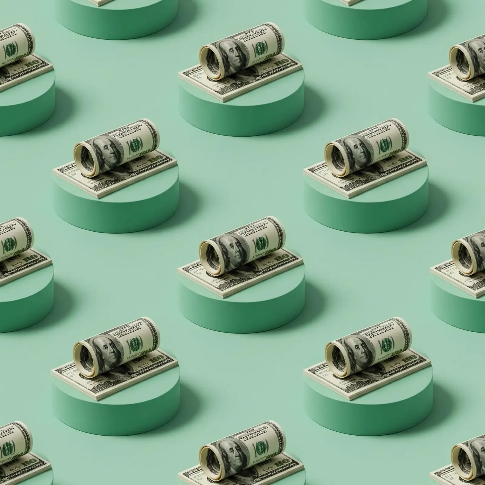Repeating pattern of rolled hundred-dollar bills on green pedestals