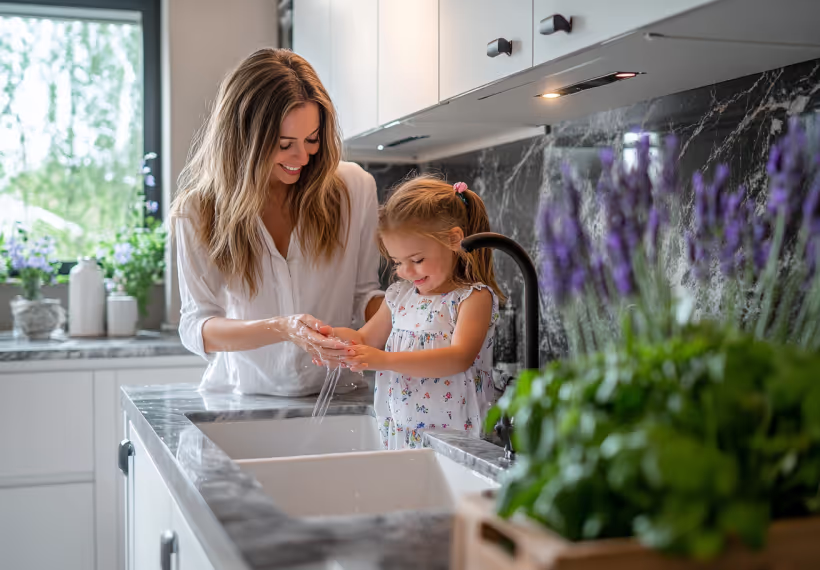 Mother and young daughter washing hands together at a kitchen sink