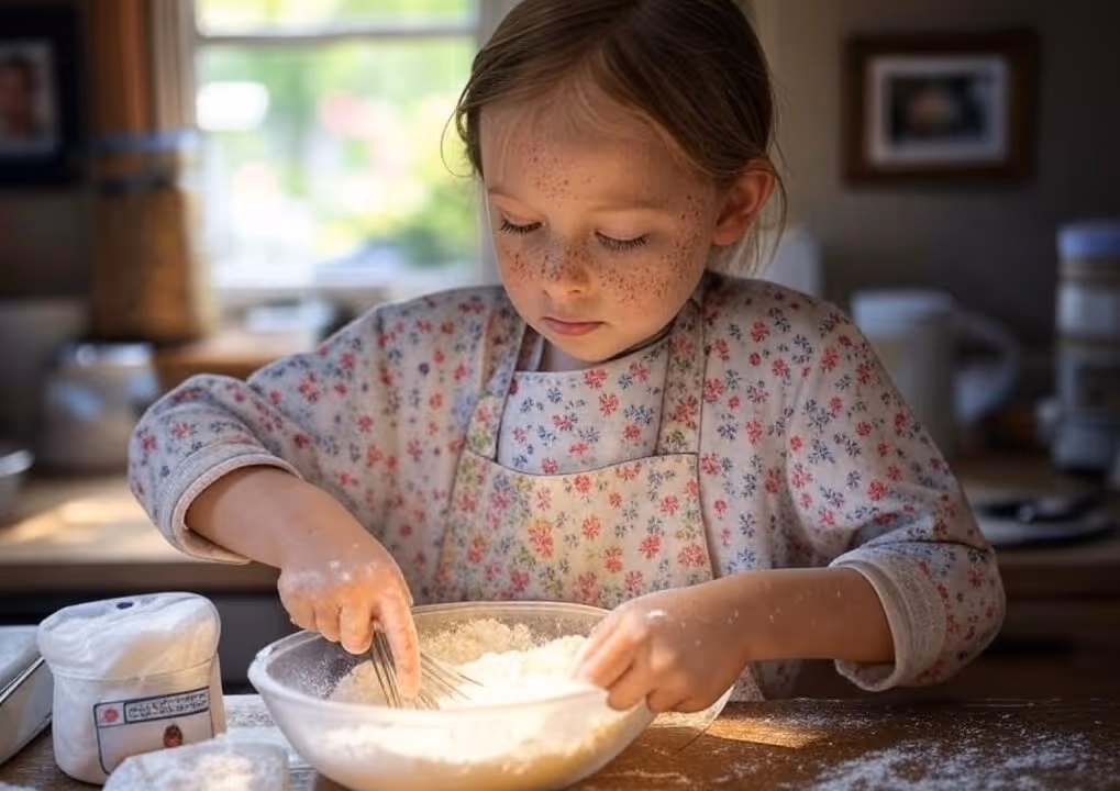 Young girl in a floral apron whisking batter in a bowl