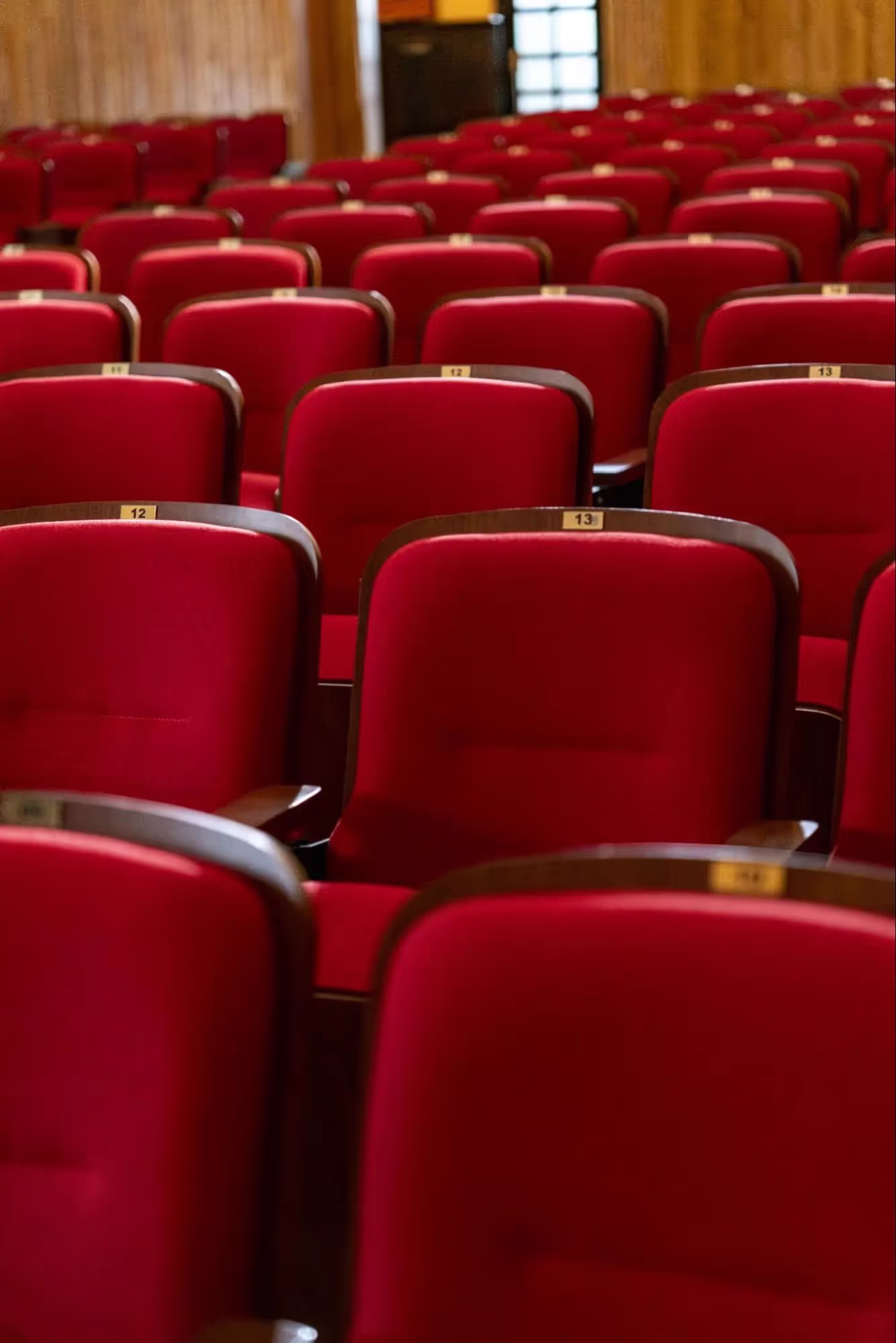 Rows of empty red velvet theater seats with numbered plaques