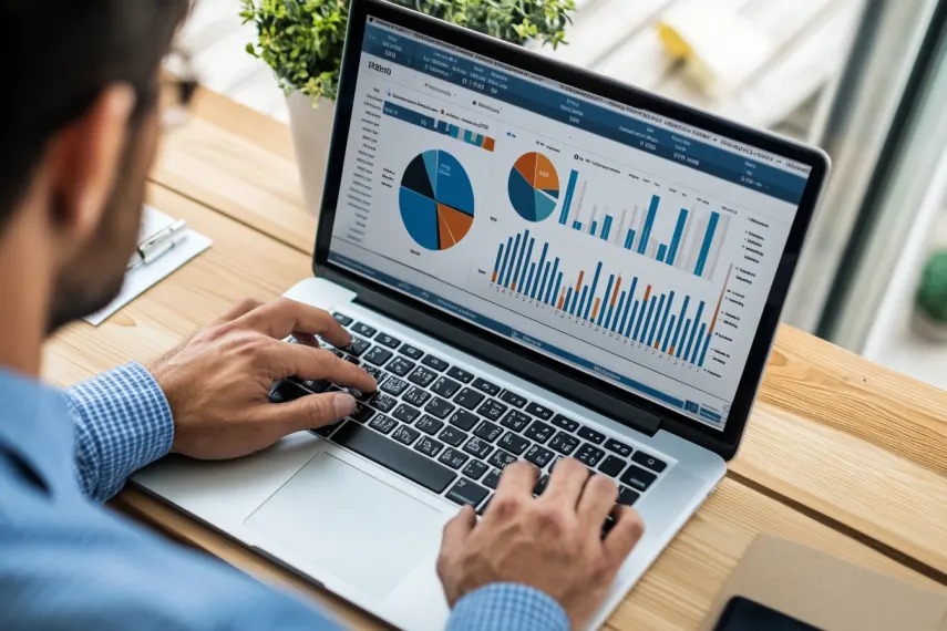 Man typing on laptop with pie chart and bar graph
