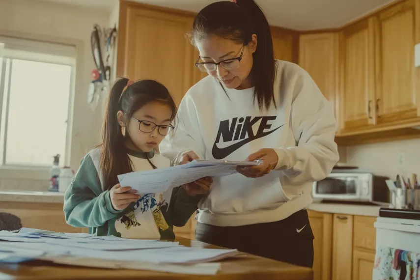 Mom helps her daughter with schoolwork