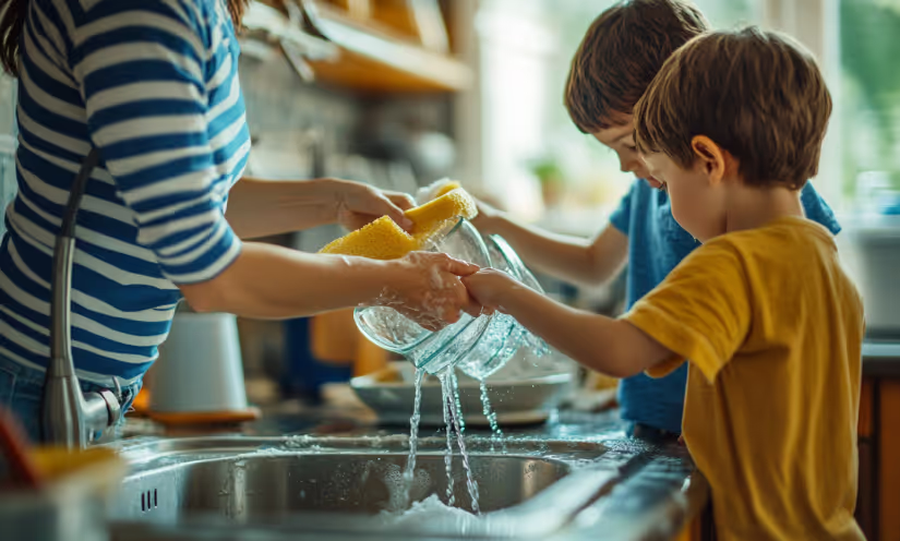 Mother and two young boys washing dishes together at a kitchen sink