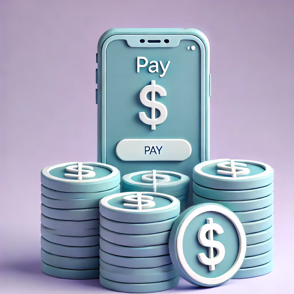3D illustration of a phone with a 'Pay $' screen and coin stacks