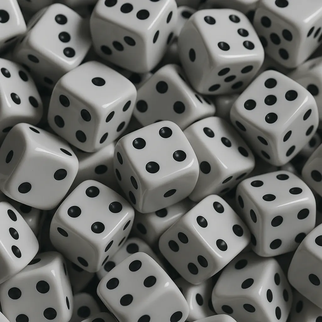 Close-up pile of white dice with black pips