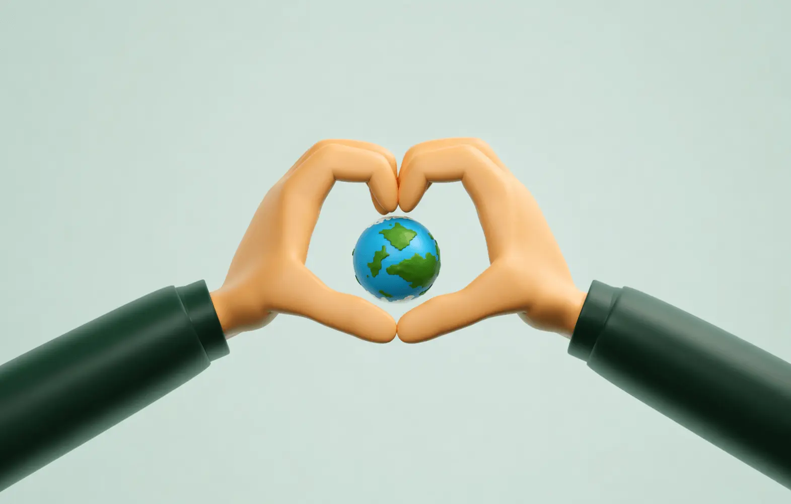 3D illustration of two hands forming a heart around a small globe