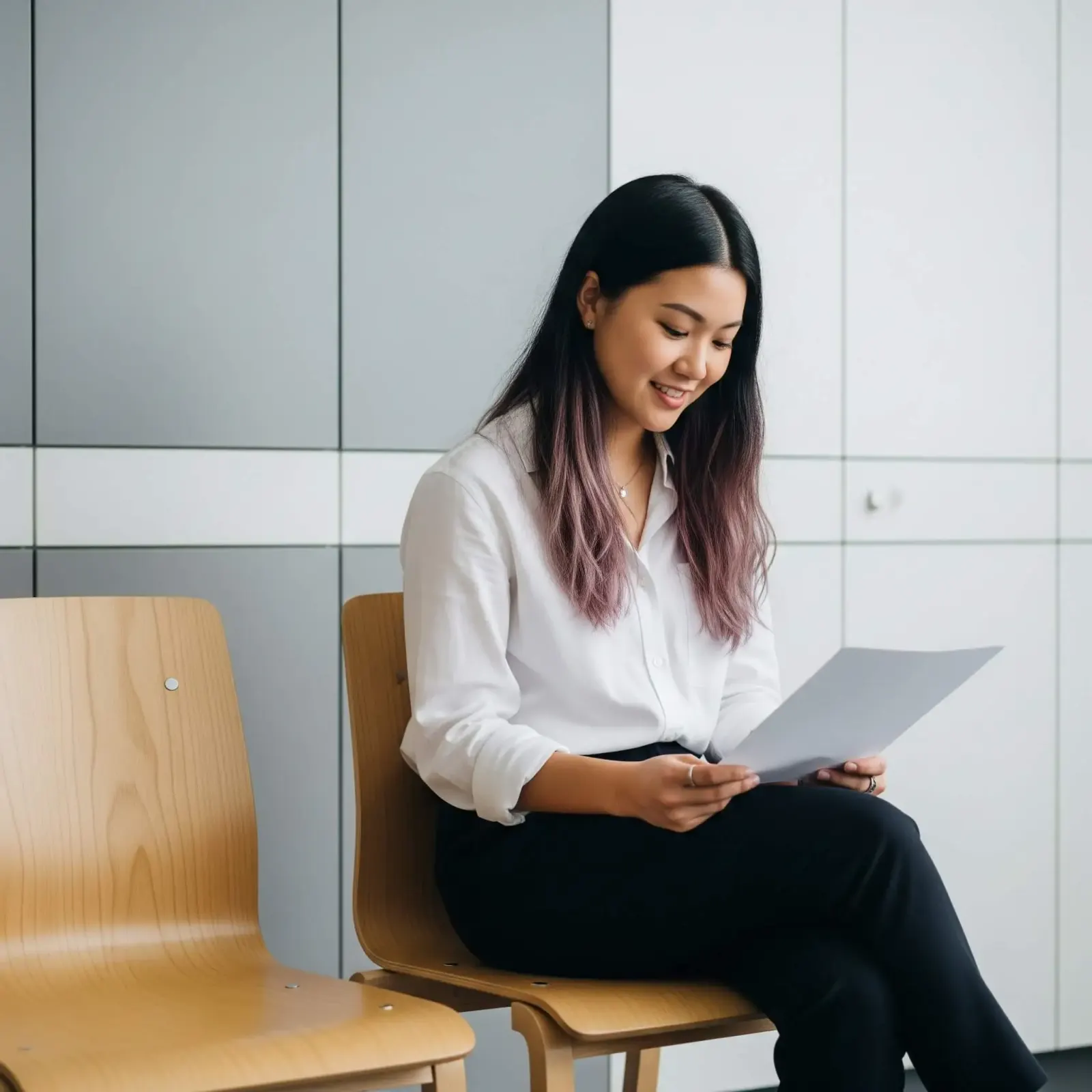 Smiling woman reviewing papers while seated in a waiting area