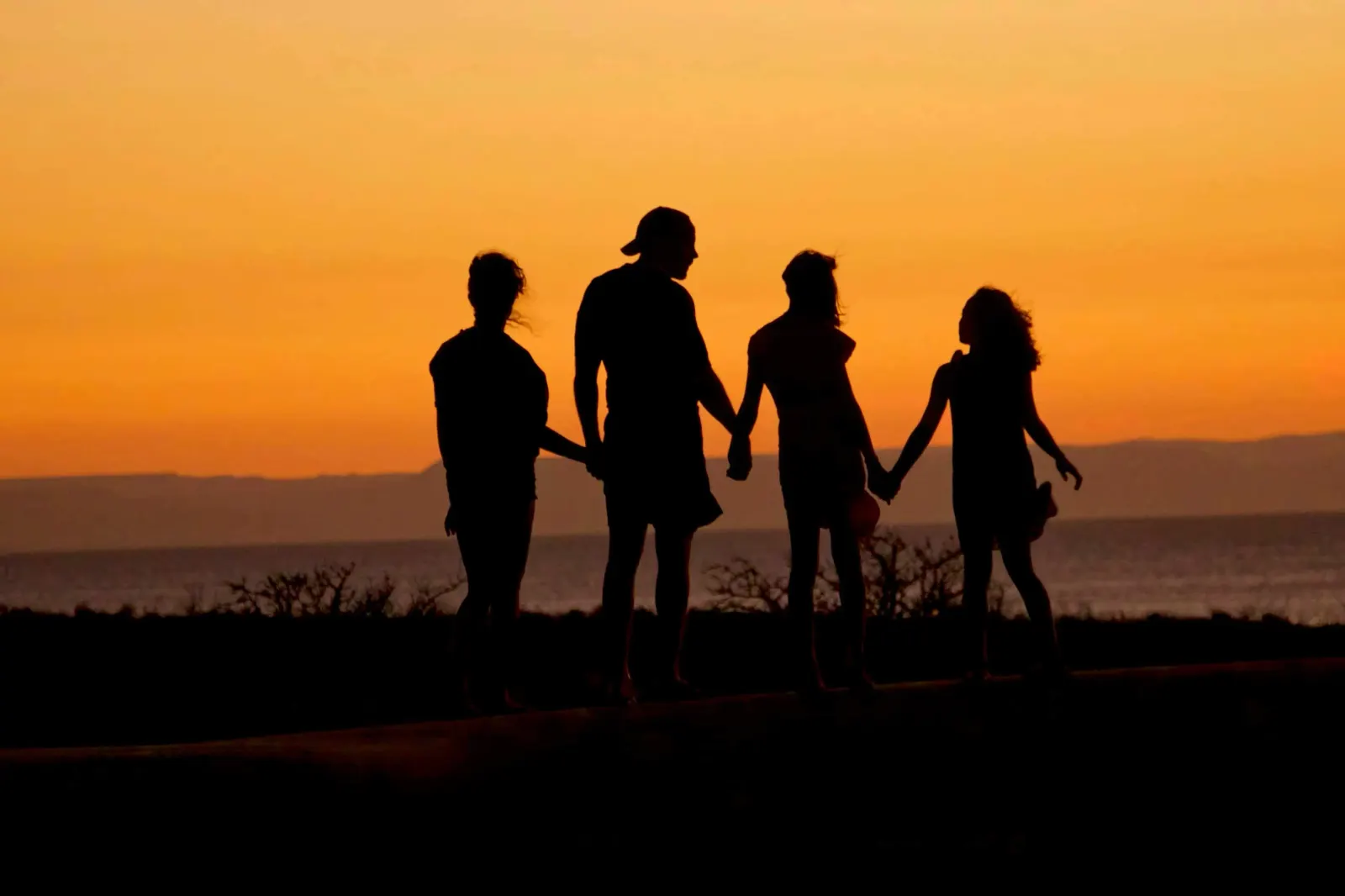 silhouette of a family of four holding hands at sunset by the coast