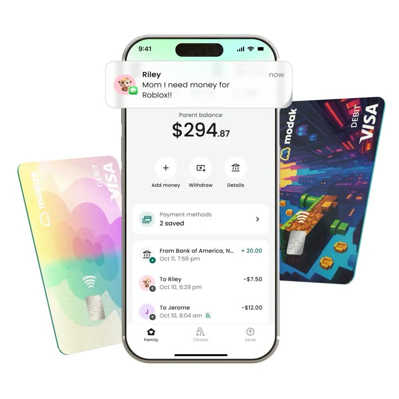 App + cards hero — parent balance, transactions, kid cards